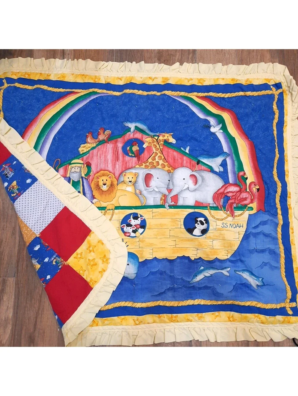 Vintage Noah's Ark baby Quilt Handmade Nursery Bedding Primary colors Patchwork